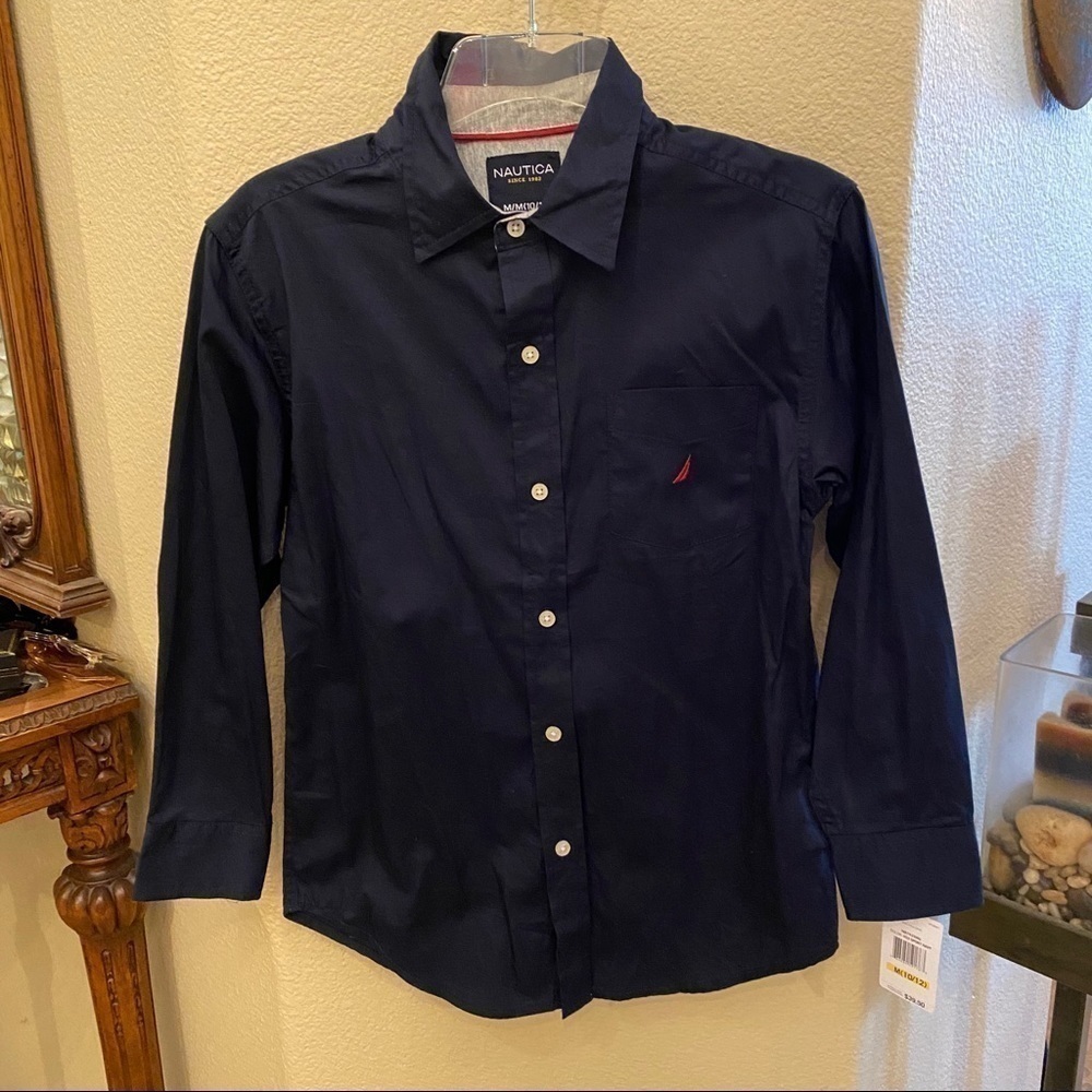 NWT~NAUTICA Boys Navy Long Sleeve Dress Shirt Size 10/12Y